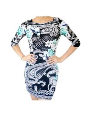White House Black Market Dress Size Small Floral Teal Paisley Print 3/4 Sleeve